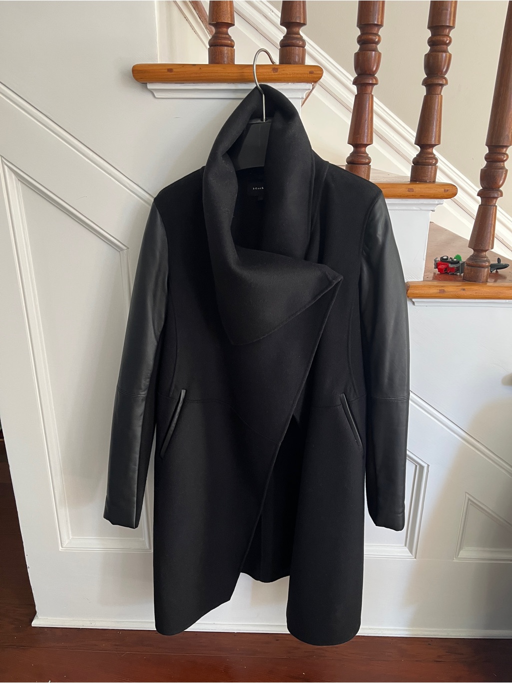 Mackage Black Draped Wool Coat With Leather Sleeves